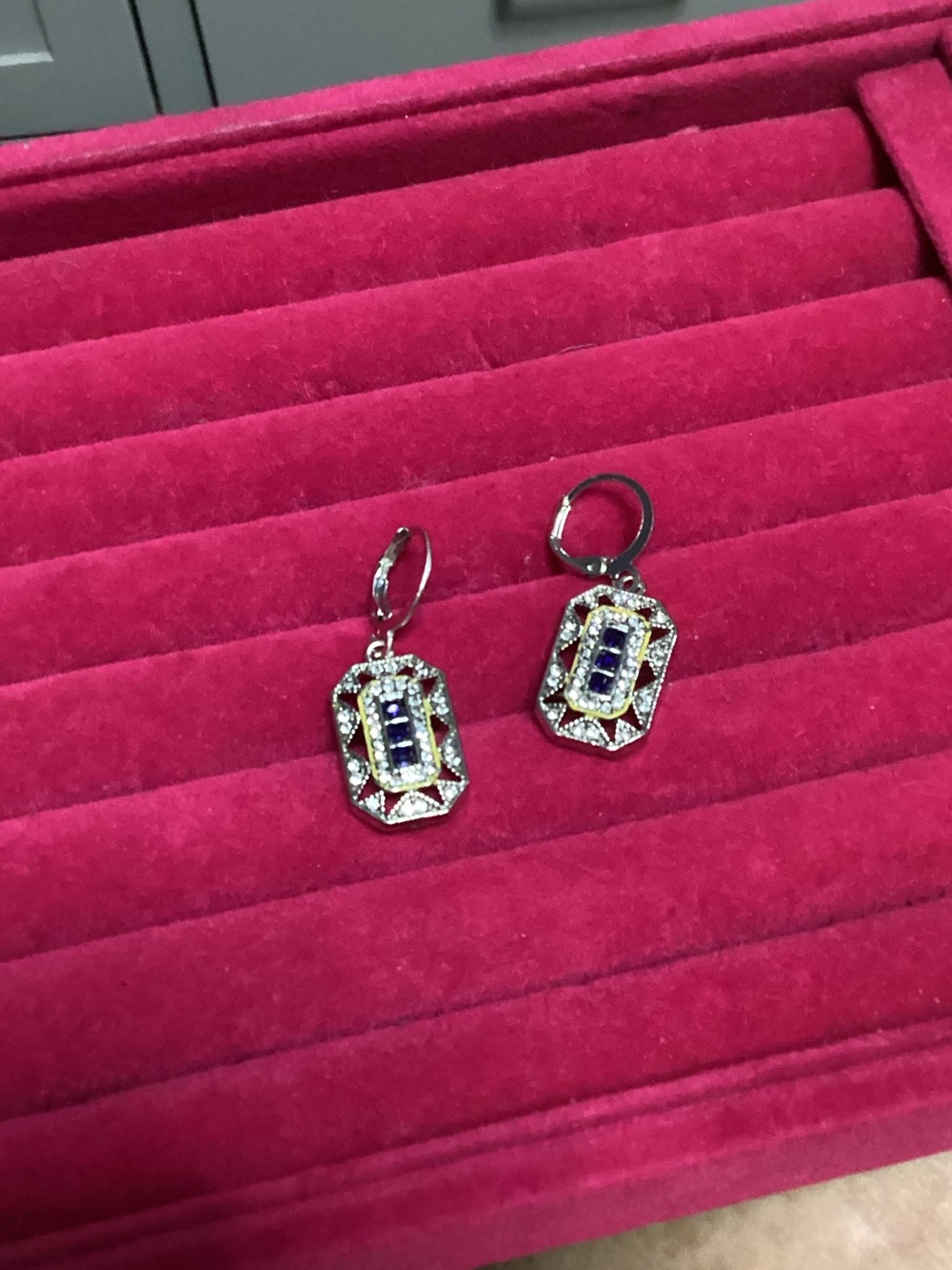 New Silver Drop Earrings with Blue and Clear Stones 1” long